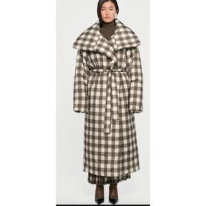 Norma kamali Bark Box Plaid Green High Collar Sleeping Bag Long Coat Sz M/L NWT